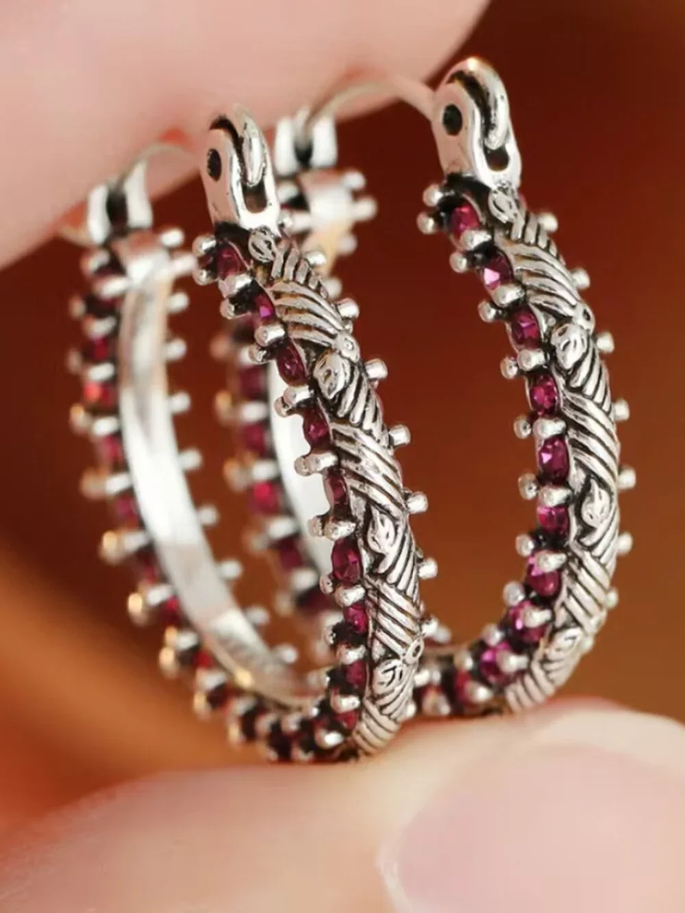 18K White Gold Womens 2ct Rose Red Ruby Gemstone Small Hoop Earrings New Jewelry